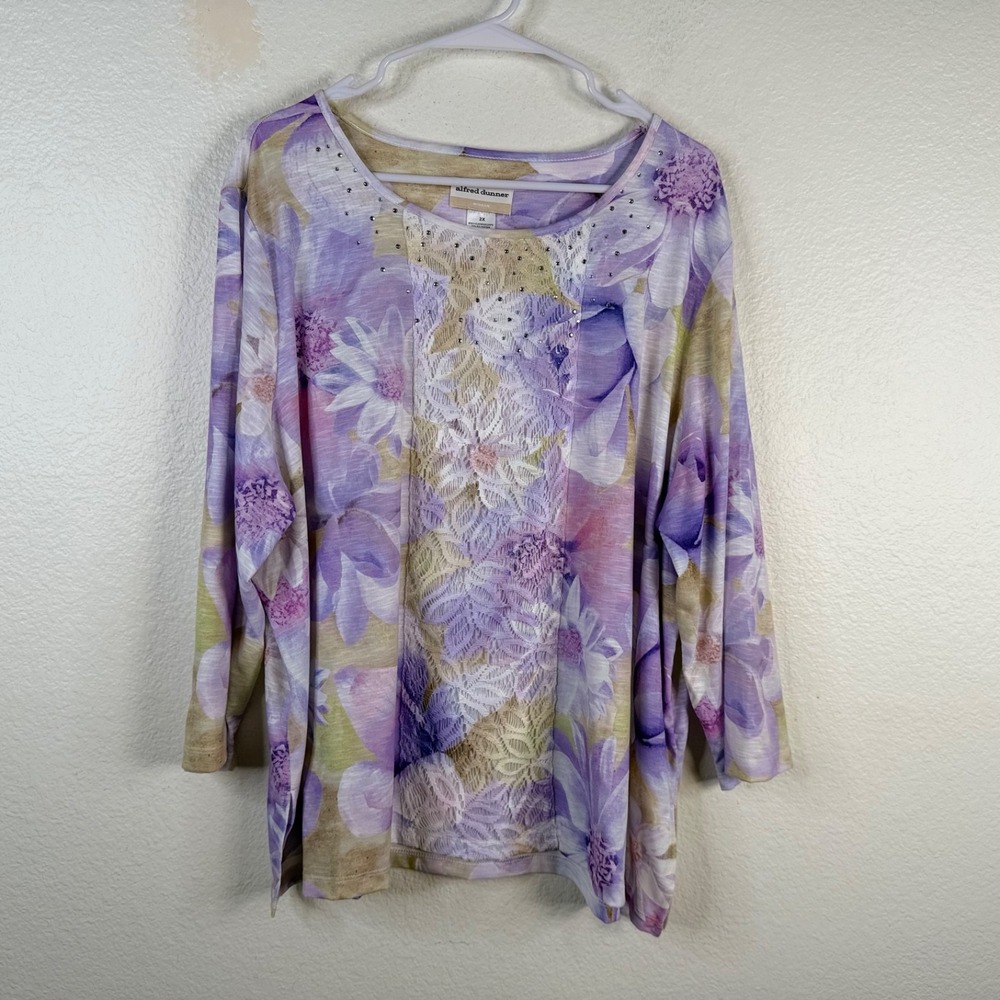 Alfred Dunner Women's Tunic Top Purple Sz 2X Floral Bling Colorful